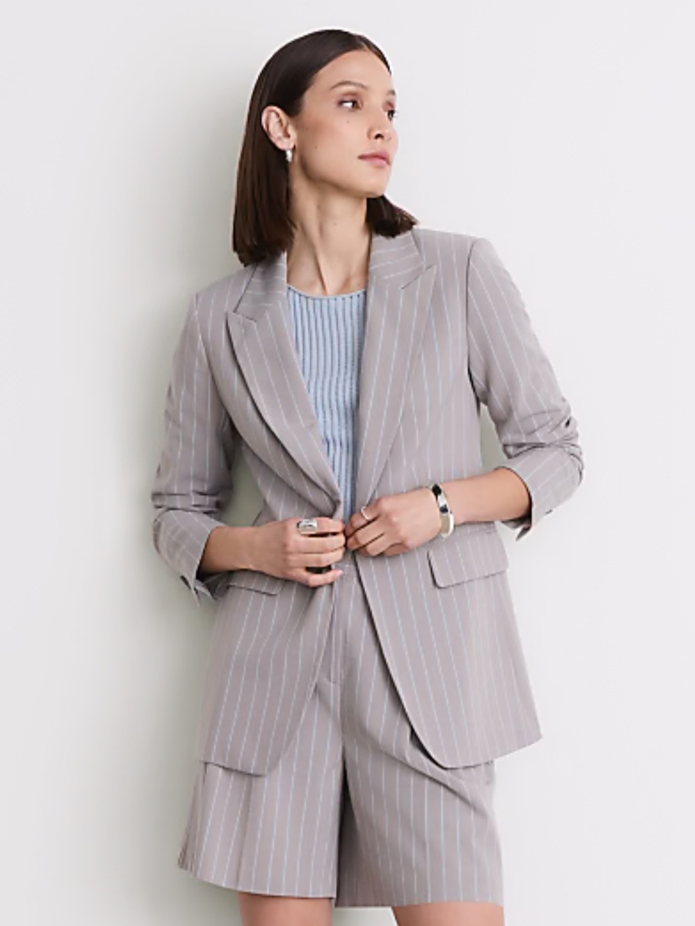 LOFT Light Gray Pinstripe Single-Button Blazer